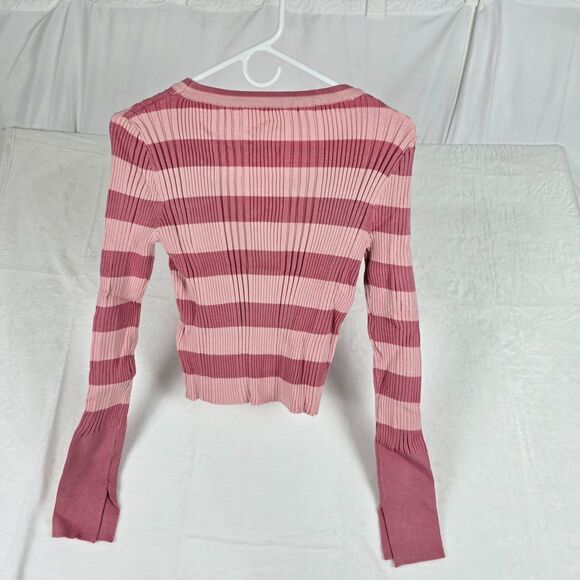 Ribbed Striped V-Neck Button Cardigan Pink Mauve Size L Knit Cropped Sweater - Picture 4 of 8